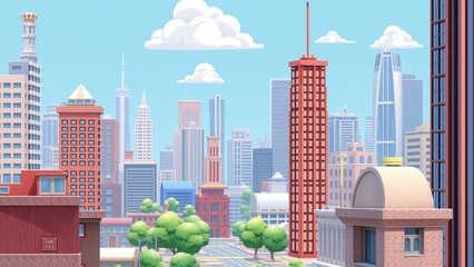 Vibrant Cityscape A Cartoon-Style Urban Panorama