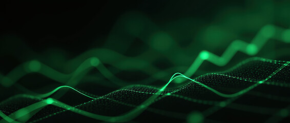 a technology-themed background with sharp angular shapes in green, layered over a dark grid, showcasing a sense of motion and modern design