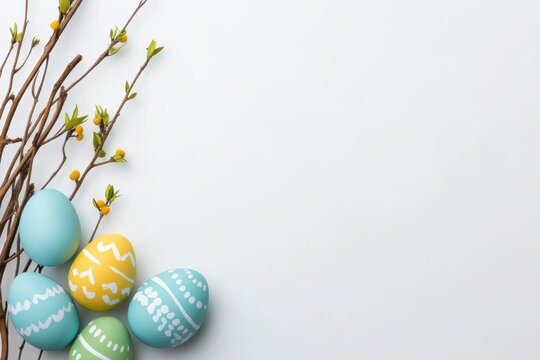 Pastel Easter Eggs and Spring Branches on White Background