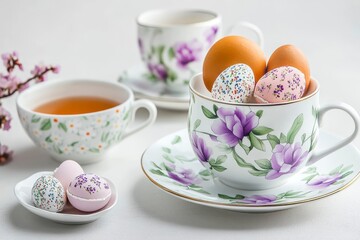 Pastel Easter Eggs in Floral Teacups with Spring Blossoms