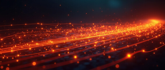 Obraz premium a digital technology background with neon light trails running through a dark space