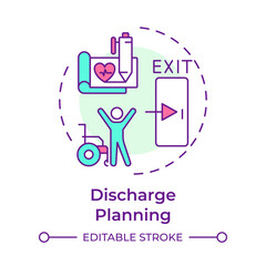 Discharge planning multi color concept icon. Patient leaving healthcare facility. Hospital bed management. Round shape line illustration. Abstract idea. Graphic design. Easy to use in brochure