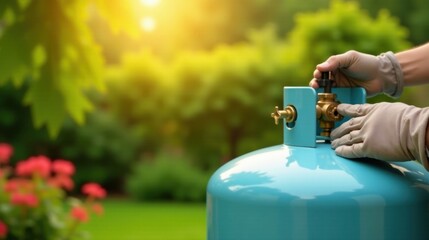 A person's hands wearing protective gloves carefully adjust the valve on a propane tank outdoors in a sunlit garden setting