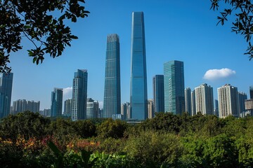Fototapeta premium Modern City Skyline with Glass Skyscrapers and Lush Greenery