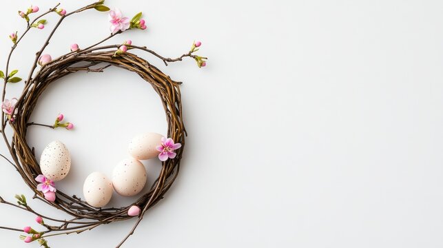 Pastel Pink Eggs and Spring Flowers in a Twig Wreath on White Background