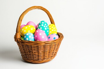 Pastel Polka Dot Easter Eggs in Brown Wicker Basket on White Background