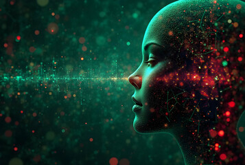 the head of the woman,Abstract digital green background. Can be used for technological processes, neural networks and AI, digital storages, sound and graphic forms, science