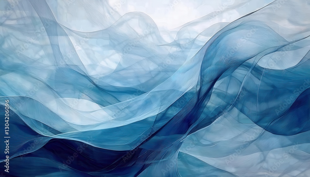 Poster ethereal blue waves of abstract fluid motion, delicate flowing textures resembling fabric for backgr
