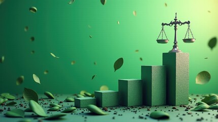 A stock illustration representing Economic growth in Green and silver colors with geometric shapes, scales of justice, and raised fists