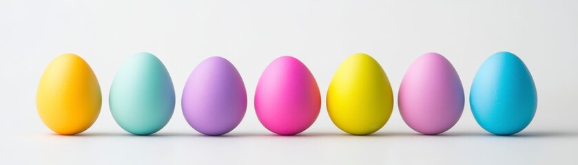 Obraz premium Seven Pastel Colored Eggs in a Row on White Background