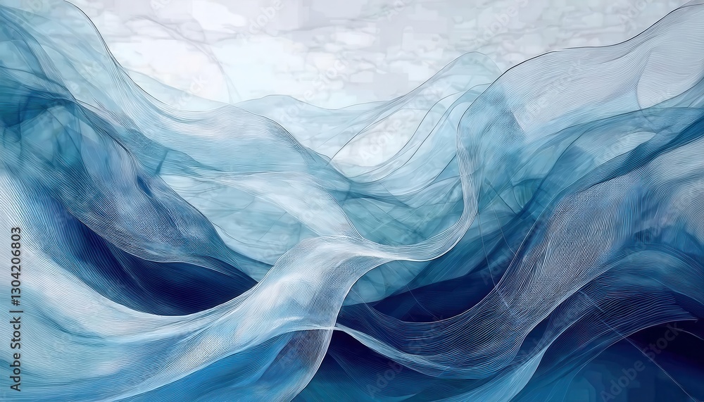 Poster ethereal blue waves of abstract fluid motion, delicate flowing textures resembling fabric for backgr