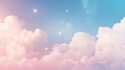 Dreamy pink and blue sky with clouds and stars illuminating tranquil scene