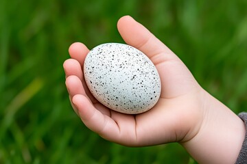 Small Speckled Egg Held in a Child's Hand Outdoors