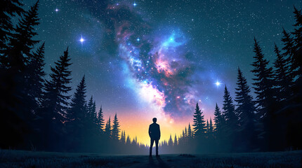 Fototapeta premium Lone Figure Under Starry Sky with Cosmic Forest Background. 