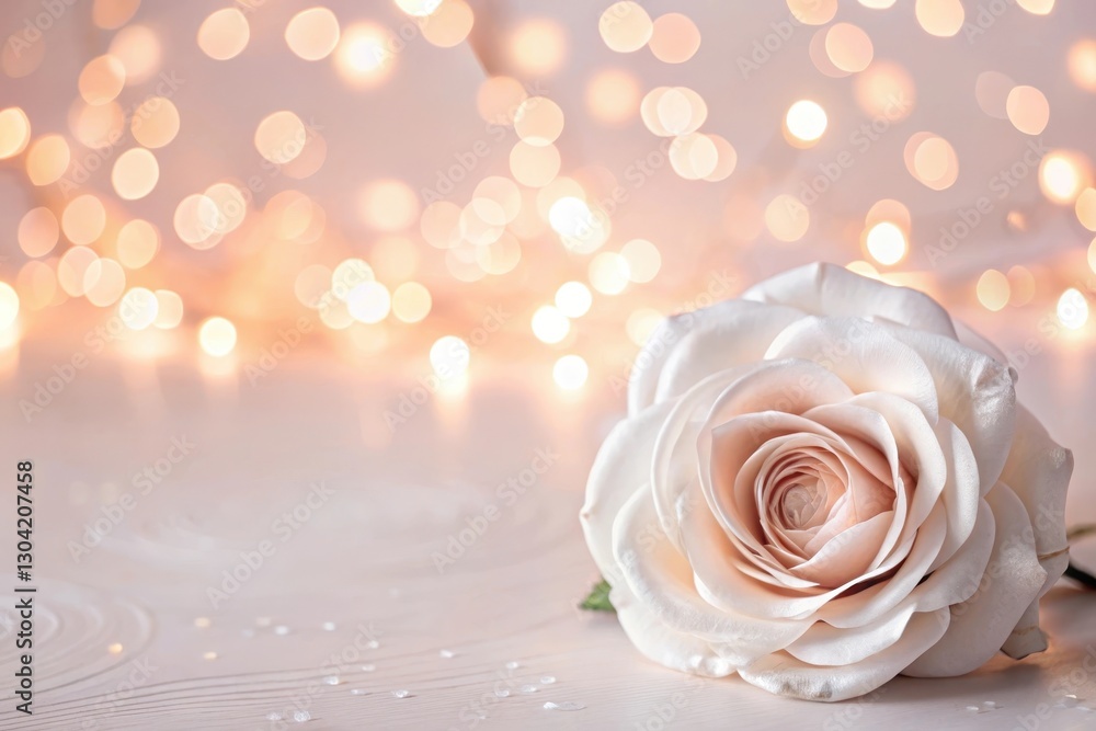 Aufkleber soft white rose resting elegantly on a textured surface with blurred warm lights creating a romantic