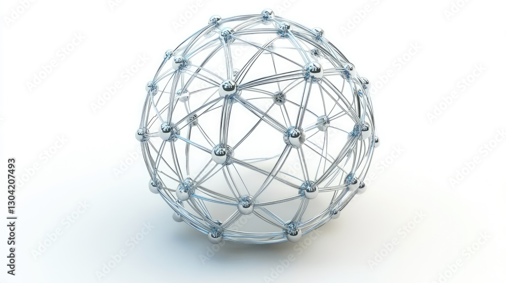 Poster A 3D abstract network sphere on a white background, connected by intricate lines and nodes, representing a web of connections and technology