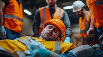 Obraz premium Injured worker in hard hat surrounded by team in safety vests