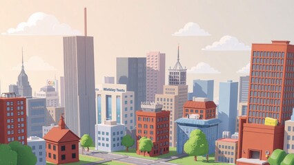 Idyllic Cartoon Cityscape at Sunrise