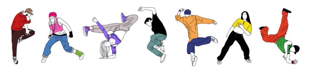 Set of teenager dancers hip hop, breakdance outline vector drawing isolated on white background. Young cool girl and boy dancing street dance in bright clothes. Korean japanese asian cartoon style. © Creative_Juice_Art