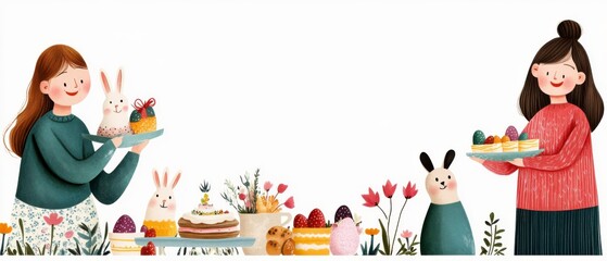 Two Girls with Rabbits Enjoying Cakes and Desserts at a Whimsical Springtime Party