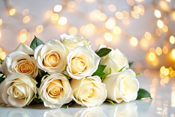 Obraz premium Bouquet of white roses illuminated by soft bokeh lights creates a romantic and serene atmosphere for special moments. Generative AI