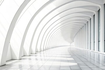 Curved architectural hallway bathed in bright sunlight creates an ethereal atmosphere in a modern space. Generative AI