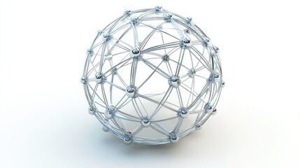 A 3D abstract network sphere on a white background, connected by intricate lines and nodes, representing a web of connections and technology
