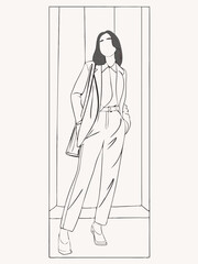 Minimalist black and white line art of a confident woman in a modern outfit against a neutral background 