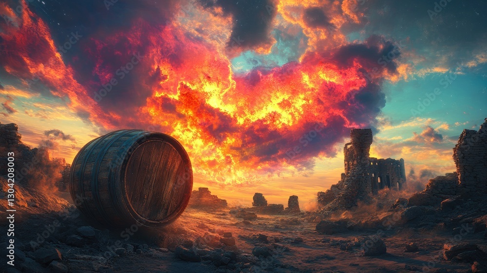 Poster a barrel, glowing with flames, creates an intense focal point in a desolate wasteland, framed by a b