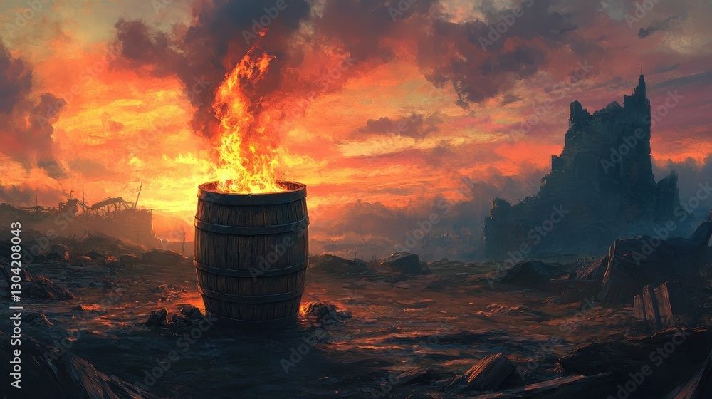 Poster a barrel, glowing with flames, creates an intense focal point in a desolate wasteland, framed by a b