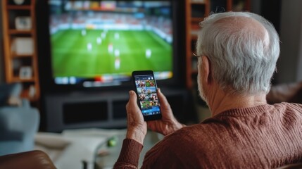 Elderly male watching soccer game on tv using smartphone for team updates