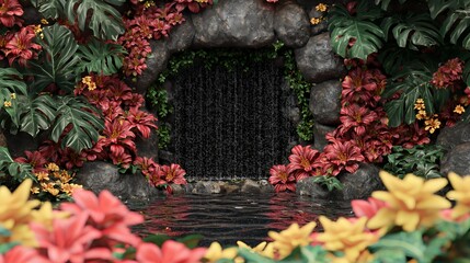 Fototapeta premium Lush Tropical Waterfall Scene with Red and Yellow Flowers