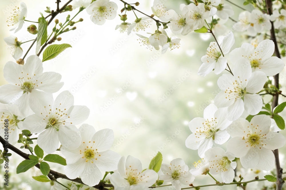 Poster springtime blossoms create a delicate circular frame filled with pure white flowers and soft green l