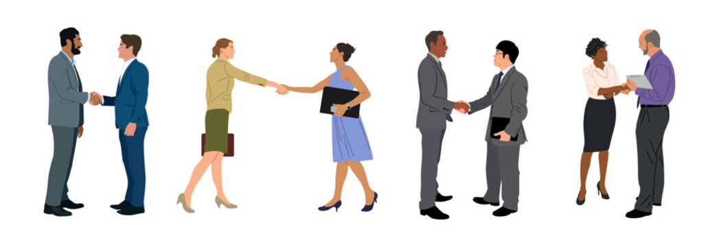 Diverse Business people shaking hands set. Agreement, trust, cooperation concept. Greeting gesture, handshake of multiracial businessmen, businesswomen. Vector illustration isolated
