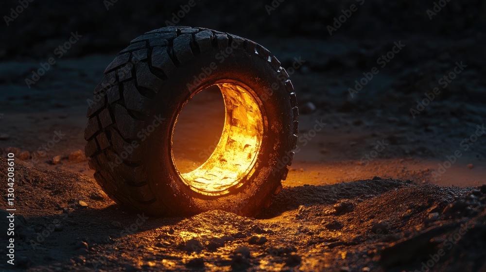 Poster A beautifully lit tire, casting soft shadows that create a dramatic and artistic atmosphere, emphasizing its form and unique texture