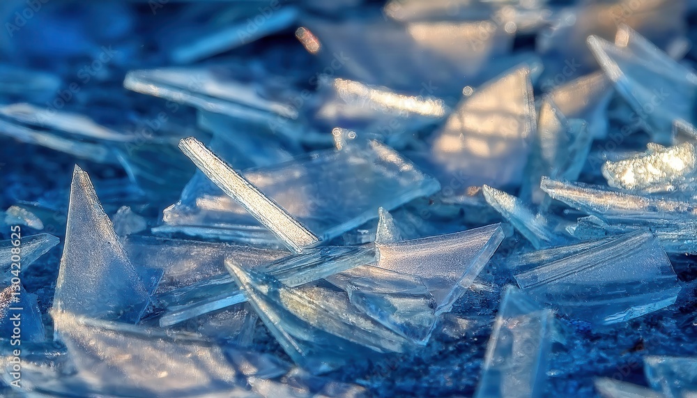 Poster jagged ice shards illuminated by golden light on a cold surface, abstract winter texture with sharp frozen crystal formation

