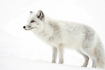 Obraz premium Captivating arctic fox wanders through soft white snow in the tranquility of the frozen wilderness during winter days. Generative AI