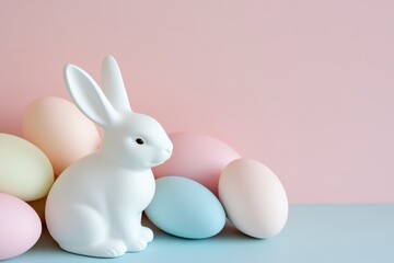 Fototapeta premium White Rabbit with Pastel Easter Eggs on Pink and Blue Background