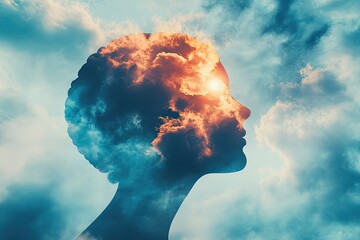 Woman's head with clouds, sky background