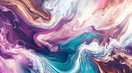A dreamy abstract design with fluid pastel colors like pink, purple, and teal swirling together in soft waves, blending seamlessly to create a calm, ethereal atmosphere.
