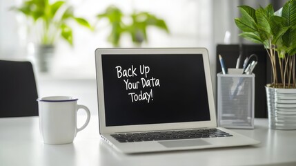 Laptop on office desk with back up your data message and white mug