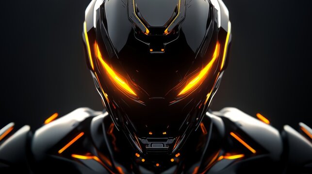 Futuristic robotic face with glowing orange eyes and dark metallic surface