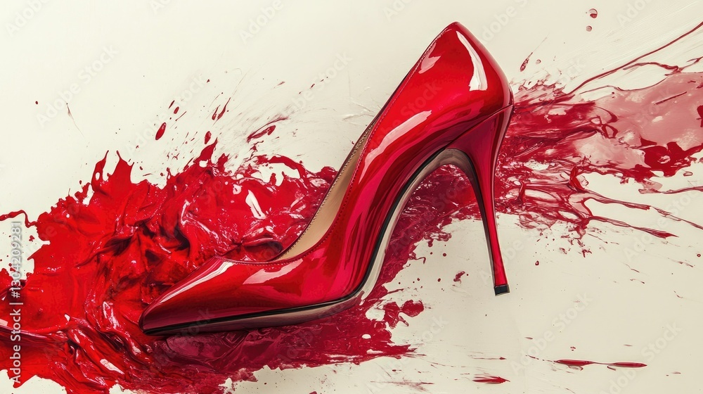 Poster a bold, surreal image of a red high heel shoe with a melting effect, fusing contemporary fashion wit