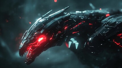 Futuristic robotic dragon with glowing red eyes amidst dark background