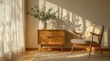 Sunlight streams into a room with a wooden cabinet and armchair, plants and a beige carpet