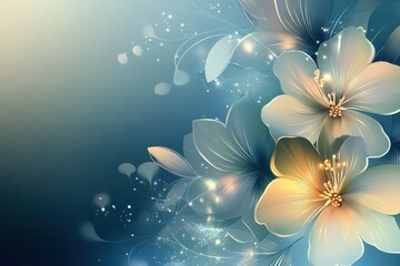 Soft floral blooms dance in a gentle breeze under a radiant morning light with hues of blue and gold. Generative AI