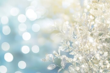 Naklejka premium Sparkling leaves shimmer against a backdrop of soft blue and bokeh lights in a dreamy winter wonderland. Generative AI