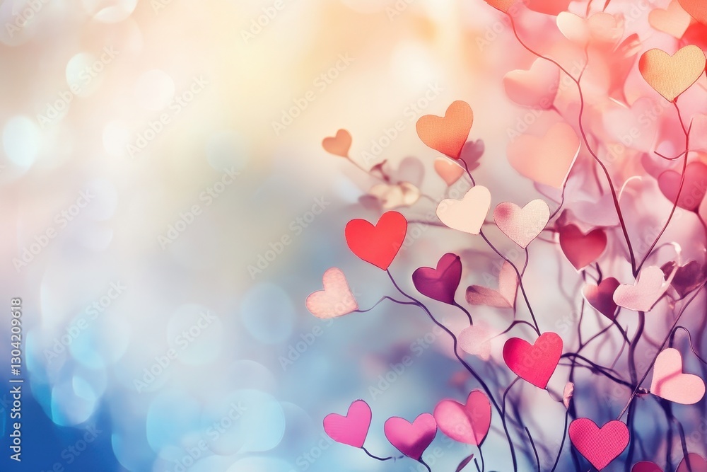 Poster colorful heart-shaped decorations bring warmth and joy to a bright, dreamy setting filled with spark