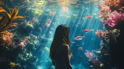 Obraz premium A woman looks in awe at the beautiful marine life in a large aquarium.