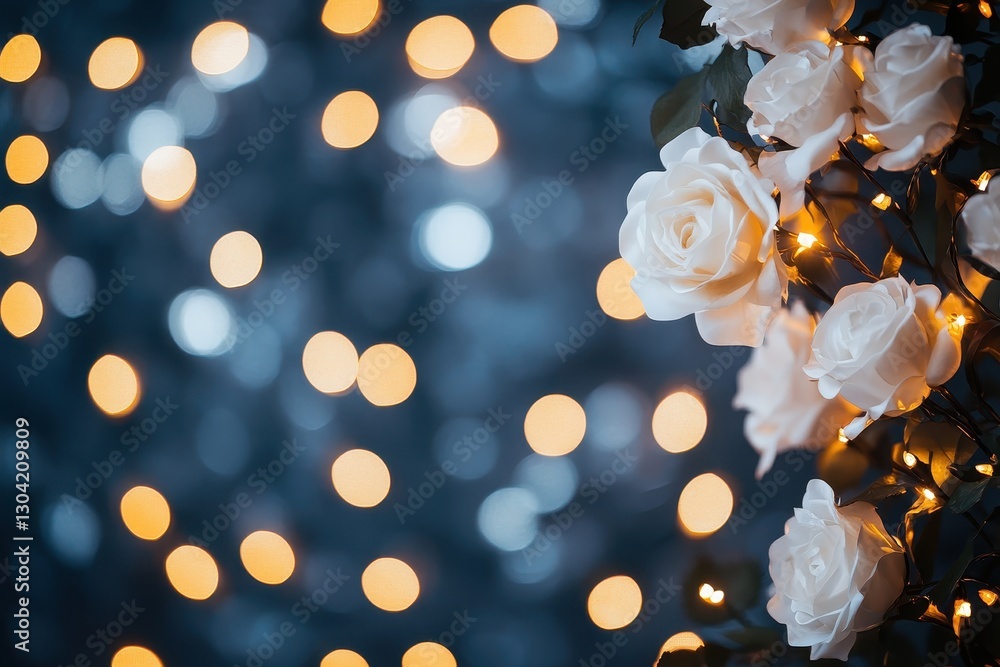 Aufkleber delicate white roses intertwined with soft glowing lights create a magical atmosphere in a twilight 